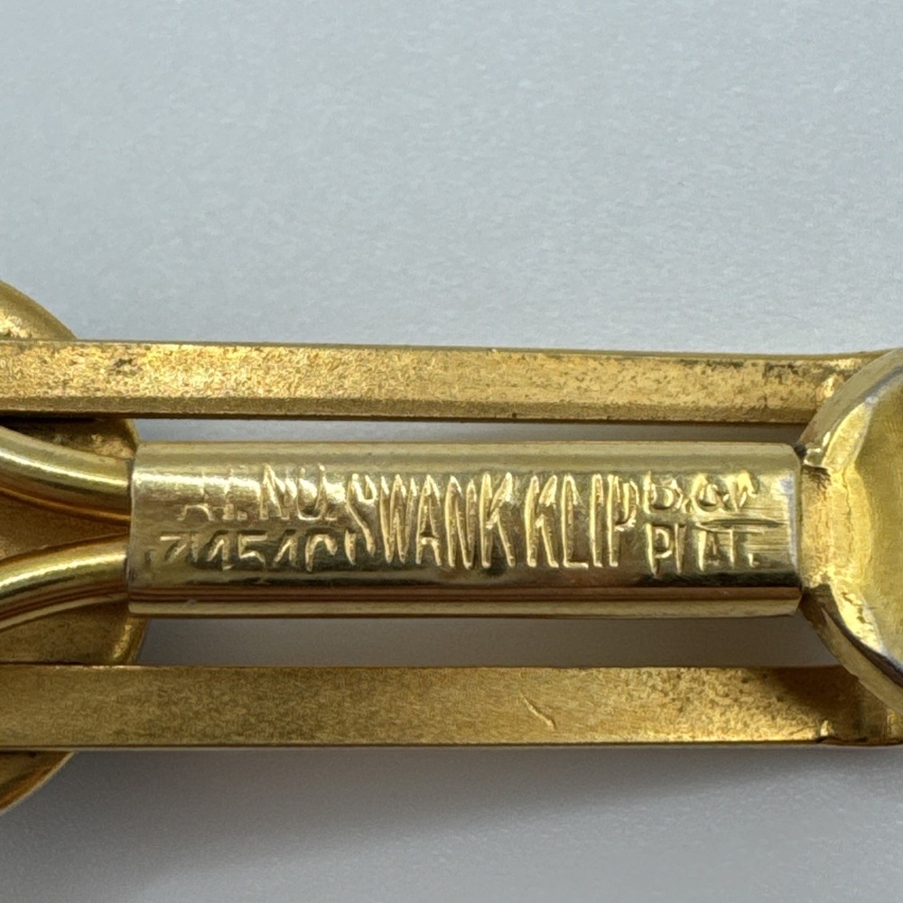Vintage Swank Gold Tone Tie Clip Bar Green Malachite Look Stone Mid Century - Picture 5 of 5